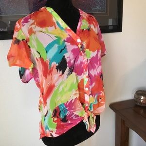 Dressbarn floral button down front tie semi sheer top